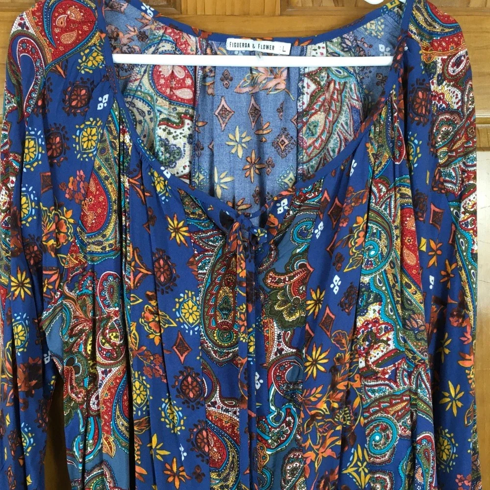 Figueroa & Flower Blue‎ Paisley Patchwork Peasant Blouse Lg Indie Hippie